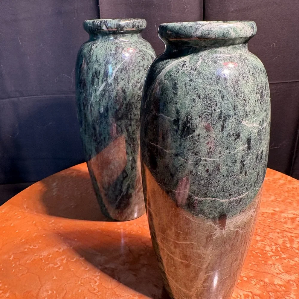 Pair vintage Taiwan green polished marble vases. 7 inches tall